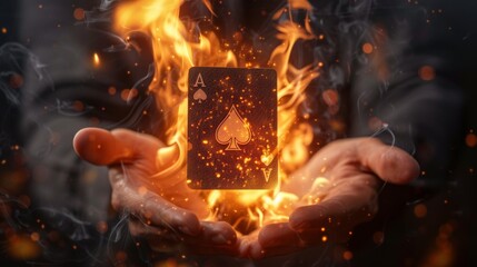 A hand holding a card on it and flames surrounding it