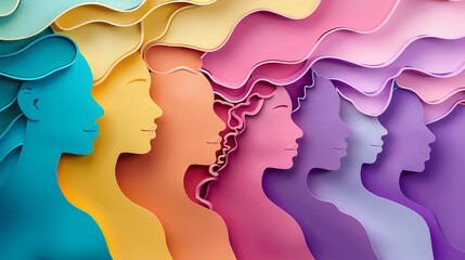 Empowering Womens Day Poster with Silhouette of Woman's Face and Fists in Paper Cut Style - 3D Illustration with Copy Space for Feminism and Rights Activism