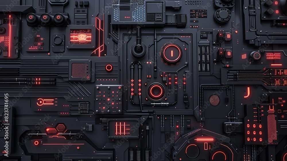 Poster futuristic black and red technology circuit board background. abstract high tech digital interface d