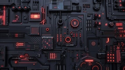 Fototapeta premium Futuristic black and red technology circuit board background. Abstract high tech digital interface design.