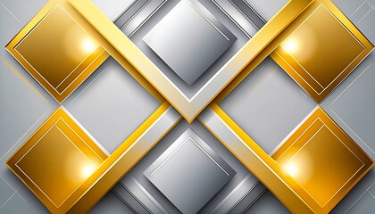 Elegant abstract design with intersecting gold and silver metallic squares, showcasing a reflective finish against a gradient gray background.