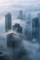 Aerial view of a cityscape partially covered in fog, with only the tops of buildings visible. Focus on the contrast between the sharp edges of the architecture and the soft, diffused fog.