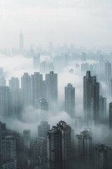 Aerial view of a cityscape partially covered in fog, with only the tops of buildings visible. Focus on the contrast between the sharp edges of the architecture and the soft, diffused fog.