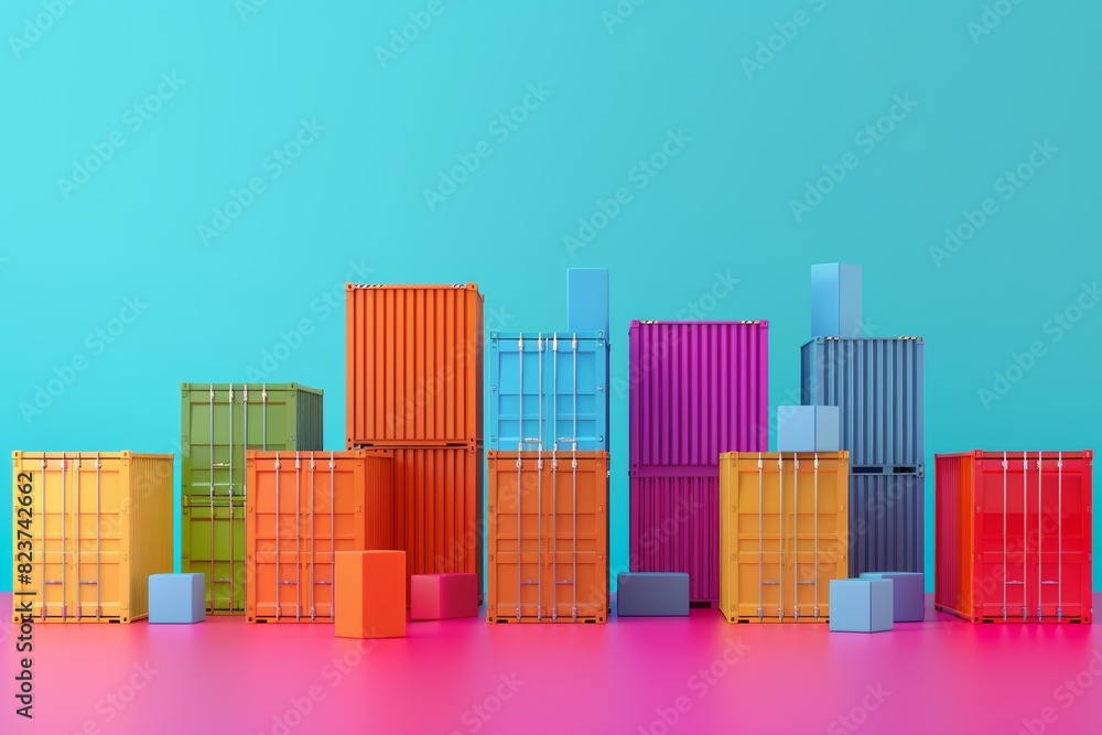 Poster 3d illustration of colorful cargo containers forming a bar graph for growth and data analysis in log