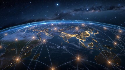 Global Connectivity: 3D Illustration of Nighttime Shipping Lanes and Flight Paths Highlighted on a Dark Earth Background