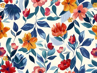 Vibrant seamless floral pattern with a variety of stylized flowers and leaves on a white background