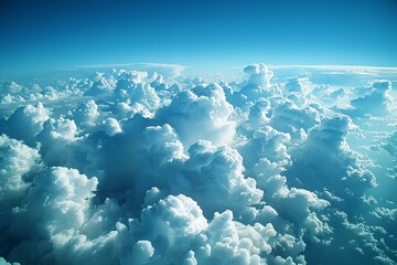 Digital artwork of  view of the sky from above, with fluffy white clouds against a clear blue background. the perspective is looking down at an angle that gives depth to the scene and shows vastness.