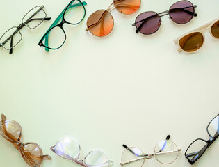 Eye glasses with different lenses, top view. Eyes healthcare concept