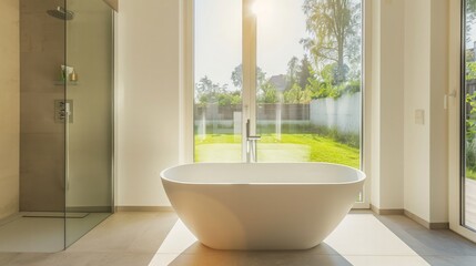 Fototapeta premium Interior, modern bathroom of an house, bathtub and shower. generative ai