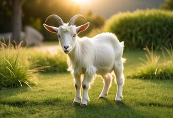 Obraz premium Goat and sheep under realistic light eating grass for islamic festival edi al adha