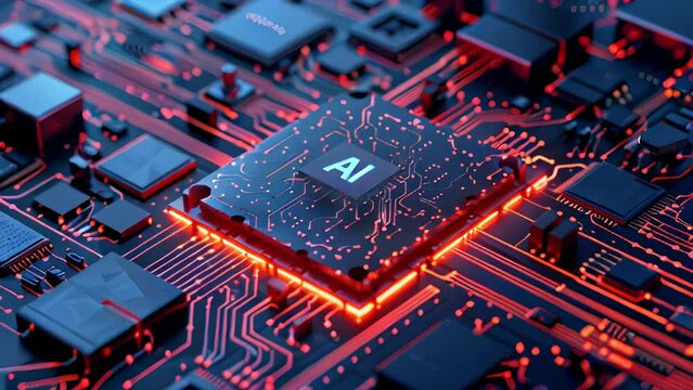 Abstract background Chip on the system board with artificial intelligence, with text AI, banner, copy space