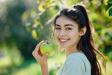 A woman is holding an apple and smiling. Concept of health and positivity,