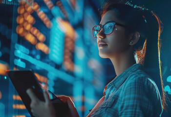 A woman wearing glasses is looking at a tablet