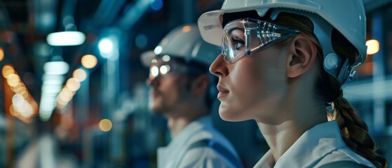 Portrait of two factory workers wearing hard hats and safety glasses looking at the production line