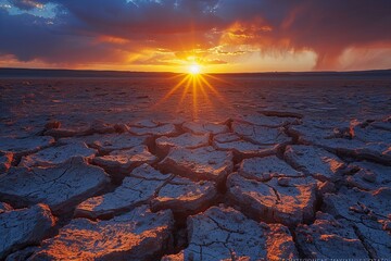 Depicting a  photograph of a cracked desert landscape with the sun setting in the background, symbolizing dryness