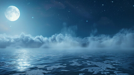a mystical seascape with ethereal fog rolling in over a moonlit ocean