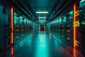 A server room with glowing lights technology , AI generated