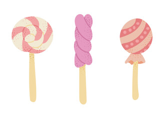 Collection of pastel colored hand drawn lollipops for kids. Vector holiday illustration. Flat drawings isolated on white background