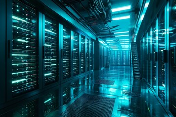 A server room with glowing lights technology , AI generated