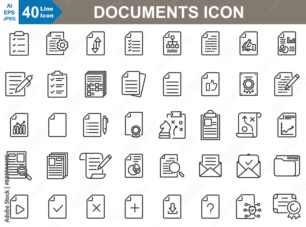 Poster documents icons set vector illustrator. the icons are designed with a clean, minimalist line art sty