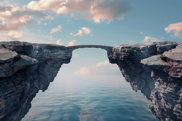 Conceptual Bridging Togetherness - Symbolic Contract Bridge Between Cliffs at Sunset