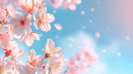 Springtime pink cherry blossom with sunshine bokeh, blue background, copy space background