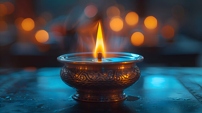 A close-up of a flickering oil lamp flame