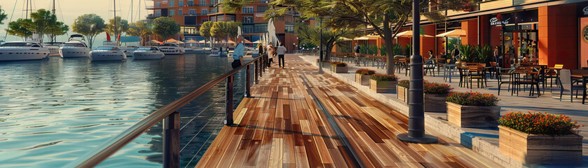 Waterfront Boardwalks: Close-up of waterfront boardwalks, outdoor cafes, and recreational areas, highlighting the city's waterfront lifestyle and leisure activities