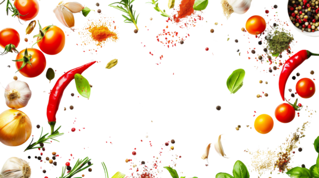 Fresh variety vegetables, spices and herbs frame on white background 