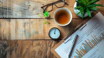 Graph with infographic design, icons, and explanatory text, business progress, stock photo, ample copy space