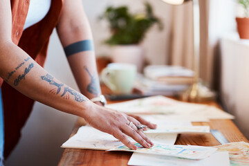 Hands, woman and designer with sketch for planning at desk with creativity, small business and...