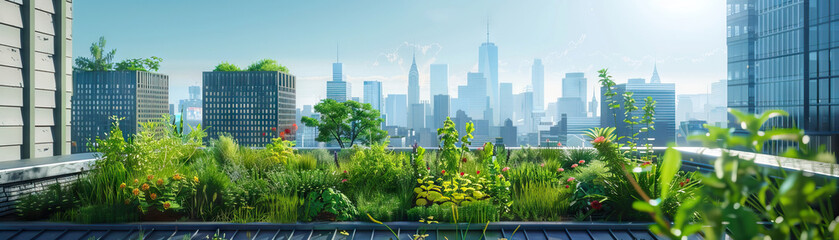 Fototapeta premium City Rooftops: Focus on rooftop gardens, solar panels, and urban beekeeping, showcasing the city's sustainable practices and green initiatives
