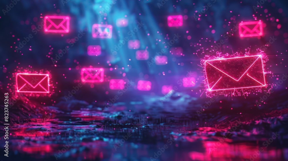 Poster futuristic digital communication concept with glowing email icons floating in a neon-lit environment