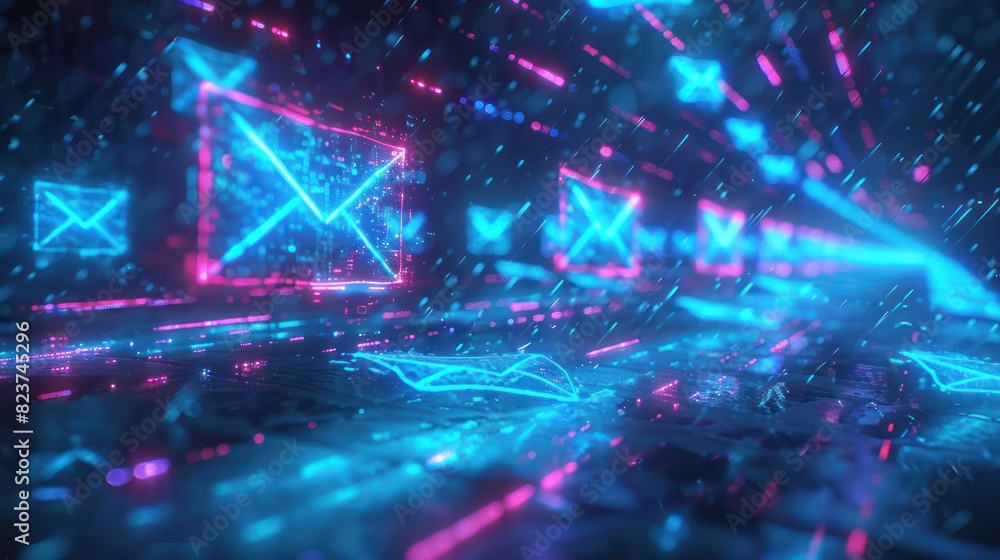 Poster futuristic digital mail concept with neon lights, symbolizing the virtual communication and cyber me