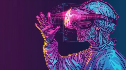 Futuristic digital art of a human with a VR headset and glowing elements, illustrating technology and virtual reality interaction.