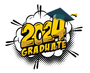 2024 class graduate header. Decorate congratulation for school graduates in comic cartoon style. Vector on transparent background