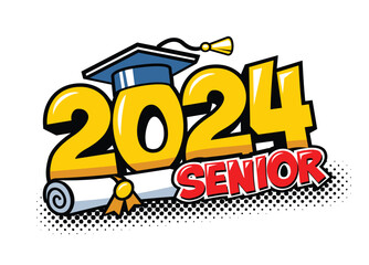 2024 class graduate header. Decorate congratulation for school graduates in comic cartoon style. Vector on transparent background