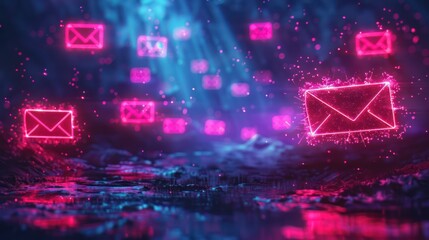 Futuristic digital communication concept with glowing email icons floating in a neon-lit environment, representing tech innovation and connectivity.
