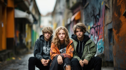 Three teenagers sitting on a pavement with a graffitied alleyway in the backdrop