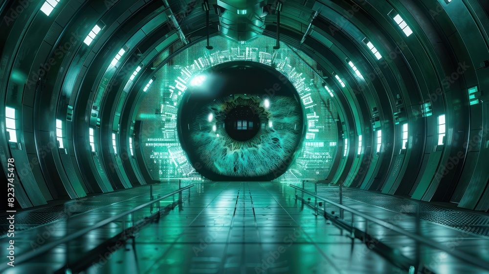 Poster futuristic sci-fi corridor with advanced technology and glowing green lights in a high-tech spaceshi