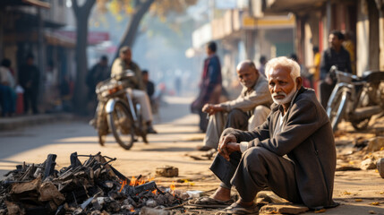 An older man sits solemnly beside a small fire on a busy city street in a developing country