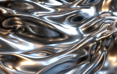 Abstract metallic liquid surface with wavy, reflective patterns. Smooth, shiny, fluid background with silver, chrome-like appearance.