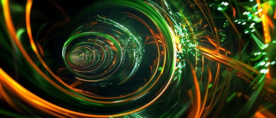 Abstract digital green and orange fractal art depicting a vibrant, swirling tunnel effect illustrating depth and dynamic movement.