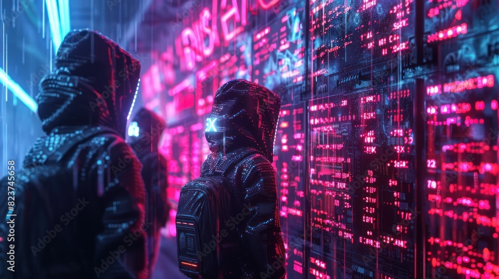 Aufkleber hooded figures in a cyberpunk setting with digital displays and neon lights. concept of hacking, fut