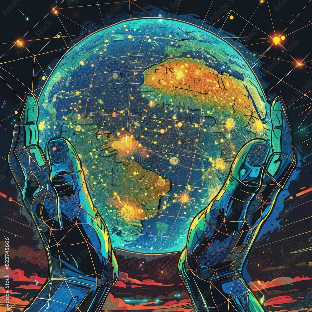 Poster illustration of robotic hands holding a glowing digital globe with interconnected networks, symboliz
