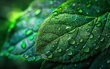 Close-up of green leaves with water droplets after rain, highlighting natural texture and vibrant color in a serene, botanical setting.