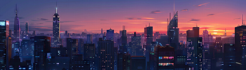 Fototapeta premium City Skylines at Dusk: Close-up of city skylines at dusk, illuminated buildings, and twilight views, highlighting the city's dynamic and vibrant nightlife