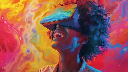 Joyful person experiencing vibrant virtual reality with headset, captured against colorful background. Excitement in digital world.