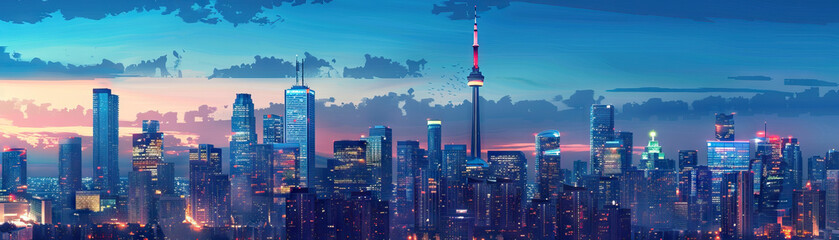Fototapeta premium City Skylines at Dusk: Close-up of city skylines at dusk, illuminated buildings, and twilight views, highlighting the city's dynamic and vibrant nightlife