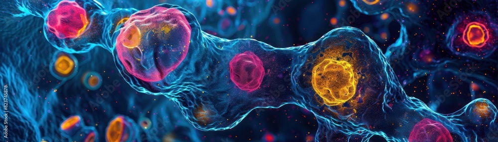 Poster microscopic view of colorful cellular structures, showcasing vibrant cellular biology and microscopi